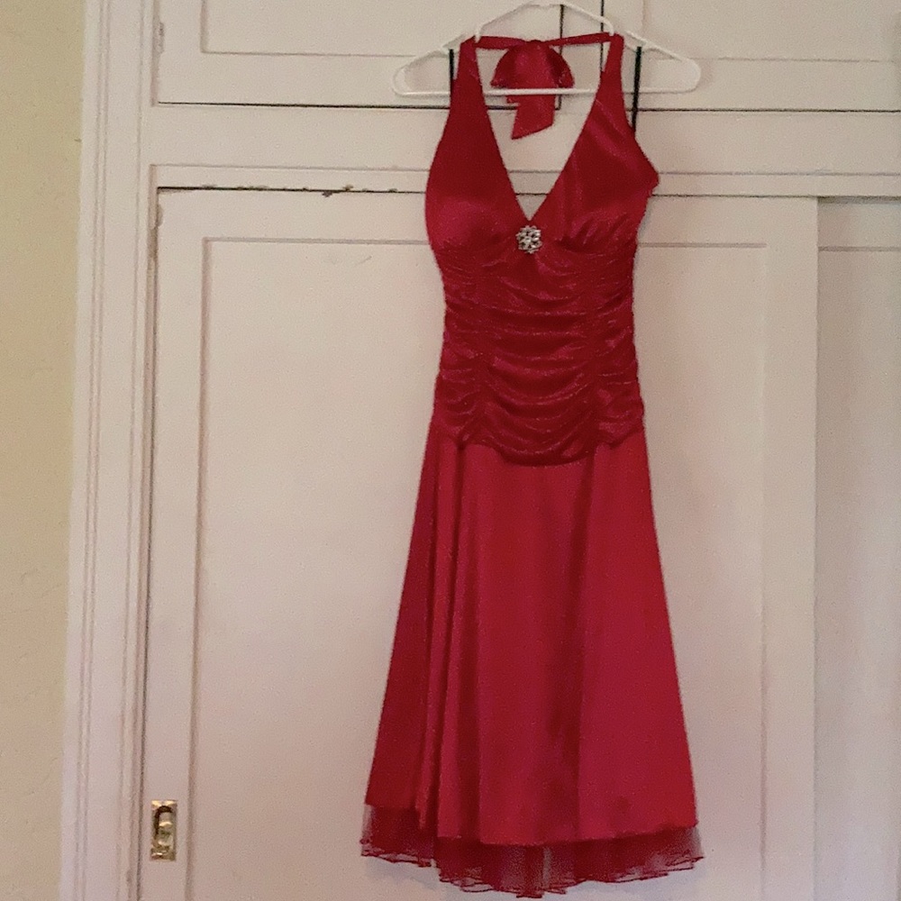 Ruby Rox halter dress with detachable broach.